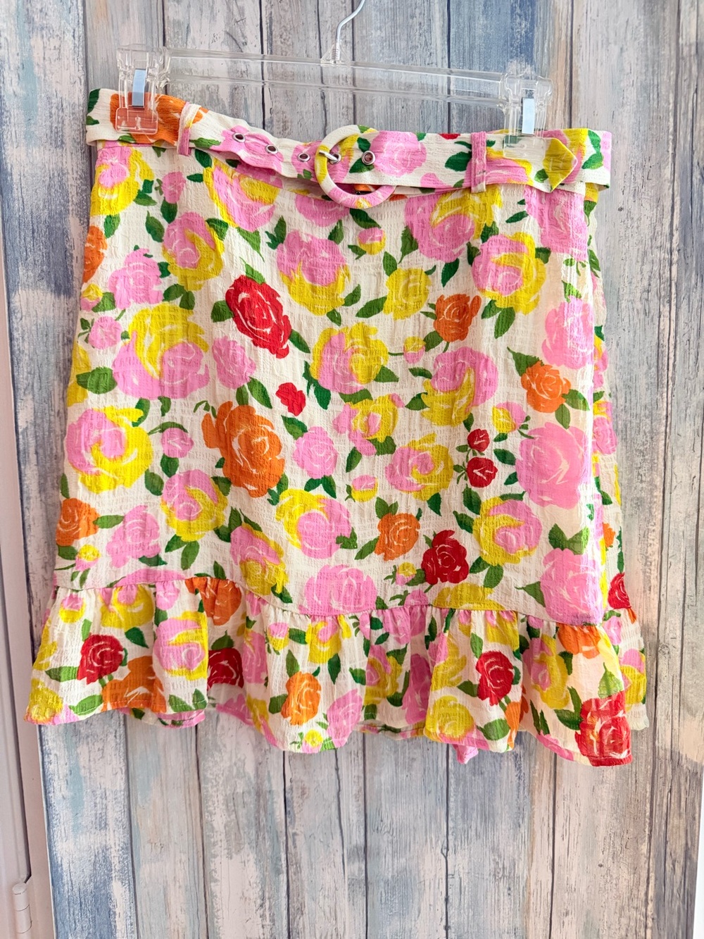 MNG : Crepe Like Floral Mini Skirt with Ruffle Hem- Pink, Yellow & Orange & Red